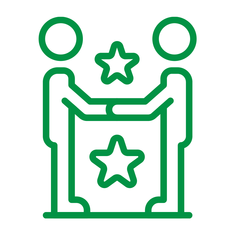 Un ícono de línea verde de un hombre dándole la mano a una estrella, que representa nuestra colaboración.