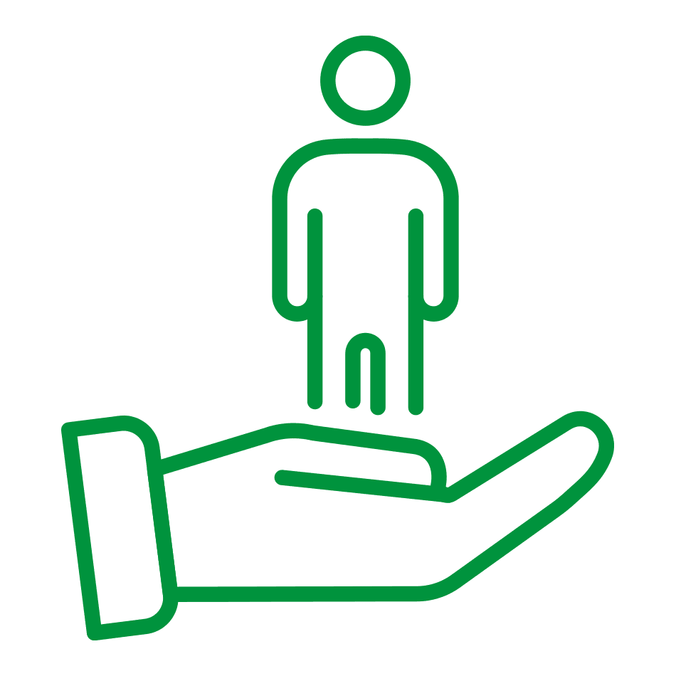 Un ícono de línea verde de una persona encima de una mano que nos representa.